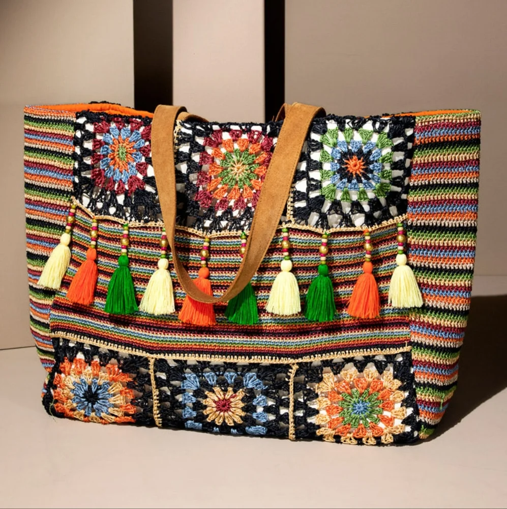 Vibrant Floral & Striped Hand Crocheted Shoulder Bag w/ Colorful Tassel Accents - Picture 3 of 11